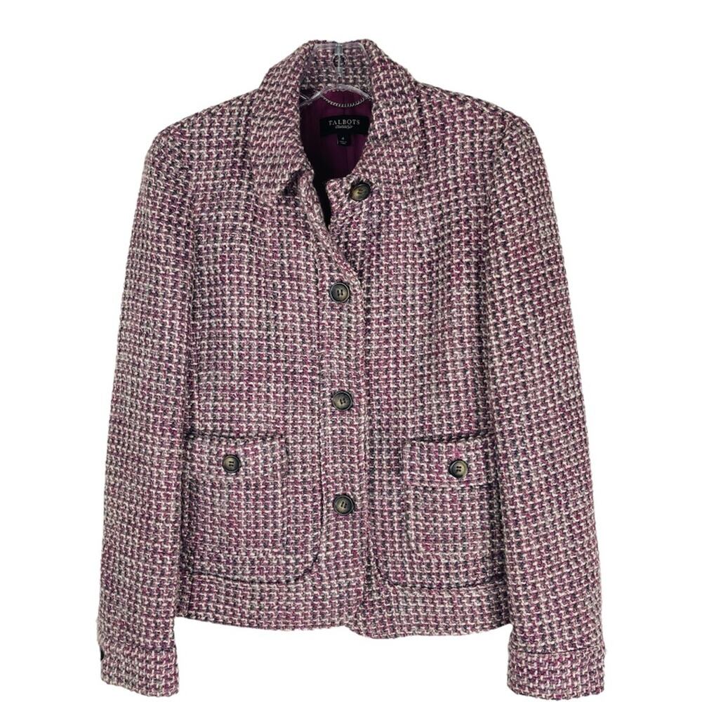 Talbots purple white wool tweed button pocket office preppy blazer jacket 4